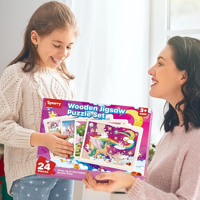 SYNARRY Large Unicorn Princess Fairy Wooden Puzzles for Girls Gift Box(12.2 * 9.4 in), 24 Pcs Puzzles for Kids Ages 4-6, Wood Puzzles for Kids Ages 3-5, Easter Basket Stuffers Gifts for Kids