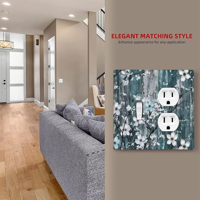 Rustic Blue Watercolor Flower Wooden Background Wallplates 1 Toggle 1 Duplex Switch Plate Electrical GFCI Faceplate Decorative Light Switch Covers for Bedroom Living Room Decor