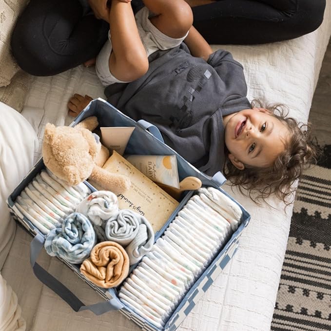 Tiny Twinkle Diaper Caddy Organizer | Foldable Baby Storage Basket with Removable Divider | Waterproof & Mess-Proof Fabric, Portable Nursery Organizer for Newborn Essentials (Blue Checkers)