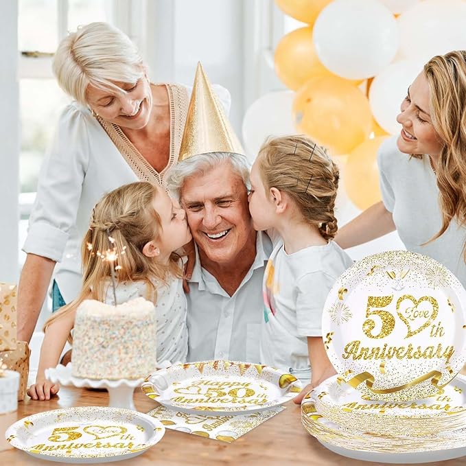 Grencian 96pcs 50th Wedding Anniversary Decorations Golden 50th Anniversary Party Plates and napkins White and Gold Paper Tableware Set Party Supplies Party Favors for Men Women Parents, Serve 24