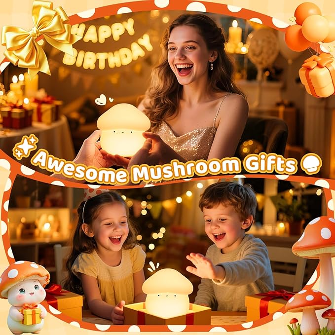 Mubarek Mushroom Lamp, Timer Mushroom Night Light for Kids, Dimmable & Easy Control Cute Lamp, Squishy Silicone Nightlight, Rechargeable Night Light for Baby Nursery, Cute Gifts Kawaii Decor