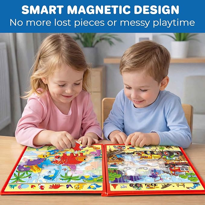 QUOKKA Magnetic Puzzles for Toddlers 3-5 – Search & Find 2 Pack, 60 Pieces Each – Travel Friendly Board with Hidden Objects, Construction and Dinosaur Scenes – Educational Puzzle Gift for 3 Year Olds