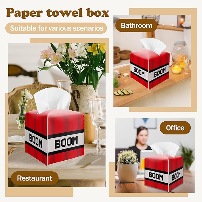 Pixel Tissue Box Cover, Tissue Box Holder Square Leather Facial Paper Organizer, Themed Red and White Pixel Art Design, Birthday Party Supplies, Baby Shower Decorations