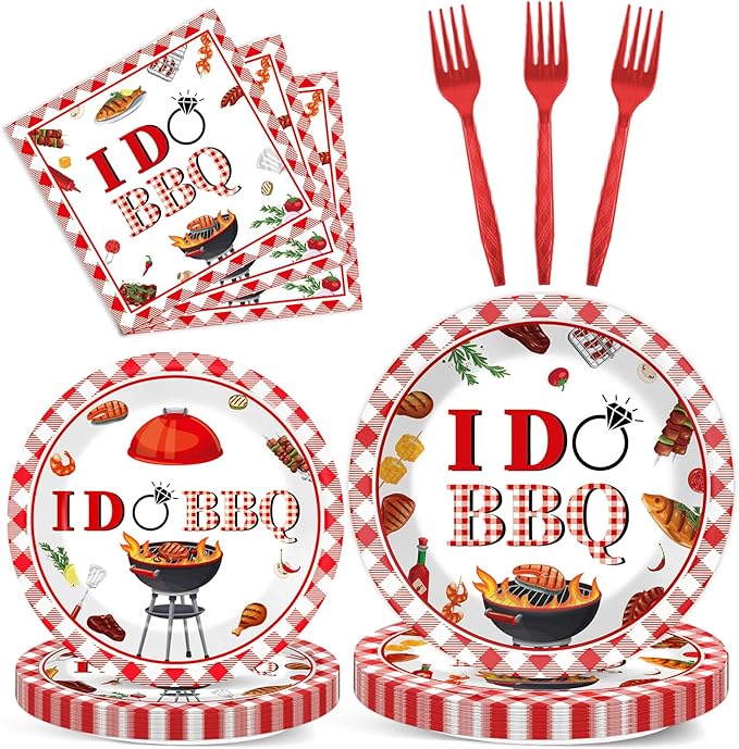 Wiooffen 96 Pcs BBQ Bachelorette Party Plates Napkins Tableware Set I Do BBQ Party Supplies Disposable Red and White I Do Dinnerware for Summer Wedding Engagement Bridal Shower Supplies, 24 Guests