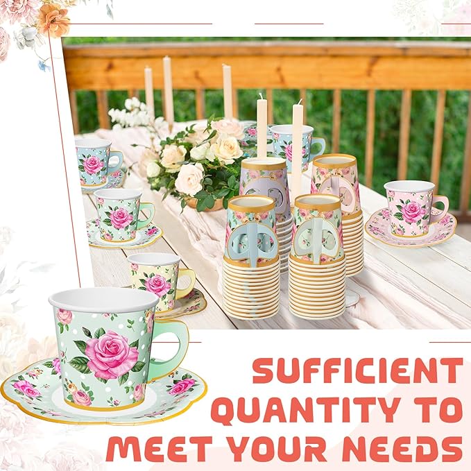 Umigy 36 Sets Mother's Day Tea Party Decorations 9 oz Floral Paper Teacups & Saucer Set for Girls Women Tea Parties Mothers Day Bridal Shower Wedding Birthday Party Decorations(Multicolored)