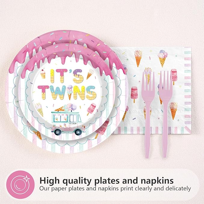 96Pcs Twins Baby Shower Decorations Ice Cream Twin Birthday Plates and Napkins Two Scoops are Better Than One Tableware Set for Twins Girls Boys Baby Shower Party Supplies Serves 24