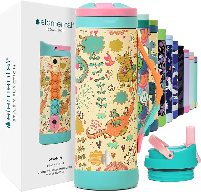 Elemental Iconic Kids Water Bottle for School - 100% Leak-Proof Insulated Water Bottles with Straw Lid & Pop-It Handle for Boys & Girls - Triple-Wall Insulated & BPA-Free, 14oz – Dragon