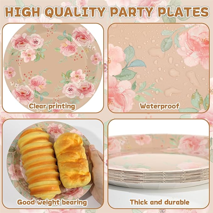 96Pcs Vintage Flower Party Supplies Spring Kraft Floral Themed Paper Plates Napkins Pink Rose Flower Party Tableware Disposable Decoration Set for Kids Birthday Baby Shower Table Decor