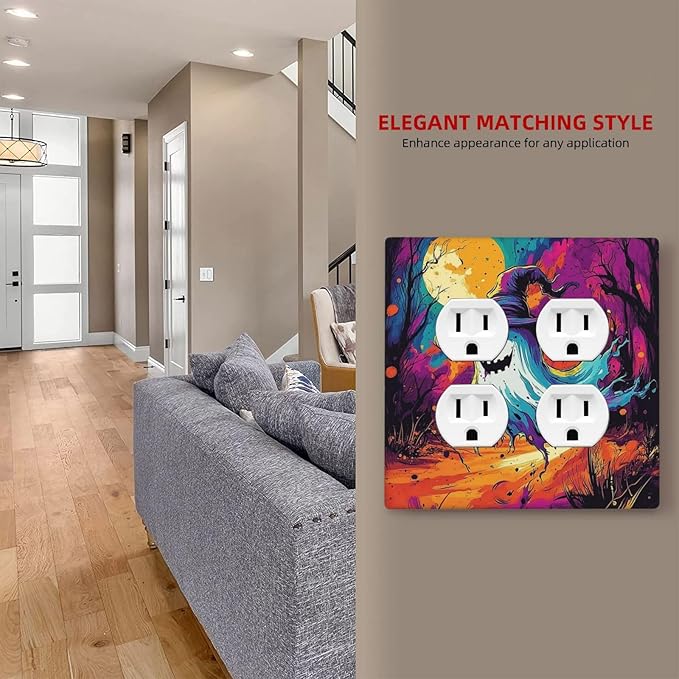 Outlet Covers Ghost Colorful Forest Moon Dead Tree 2 Gang Double Duplex Decorative Light Switch Covers Electrical Wallplates Socket Faceplate For Nursery Kids Room Decor