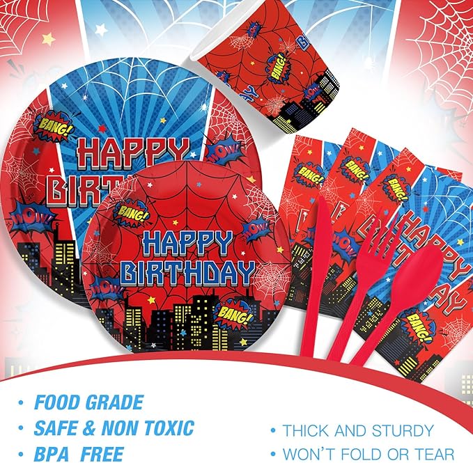 Cartoon Spider Birthday Party Supplies for Kids Child Themed Birthday Party，Red Blue Superhero Theme Party Decorations Disposable Tableware Set With Plates, Cups, Napkins & Cutlery for 24 Guests