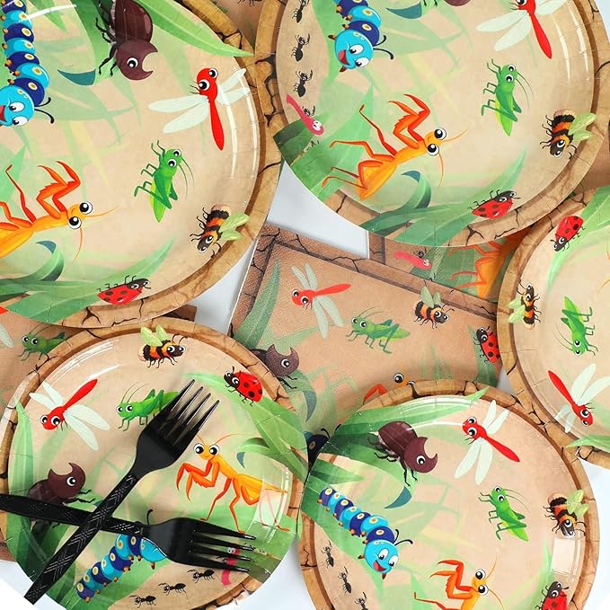 Qyeahkj 100 Pcs Bug Party Plates Napkins Supplies, Spring Summer Ladybugs Bee Reptile Birthday Party Tableware Set Insect Birthday Party Decorations Favors for Boys Girls Serve 25