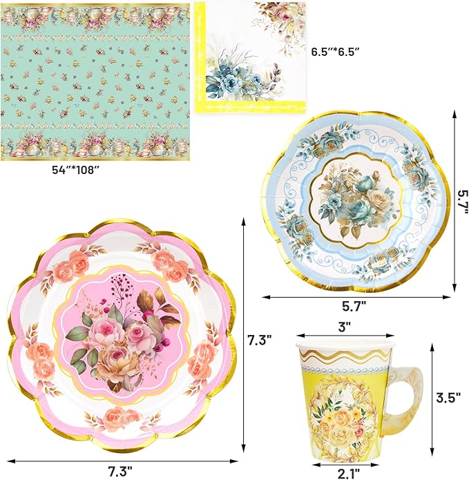 WorldBazaar Tea Party Supplies Floral Party Dinnerware 12 Set Paper Tea Cups and Saucers, Plates Napkins Tablecloth Birthday Table Decorations Girls Kids Adults Woman