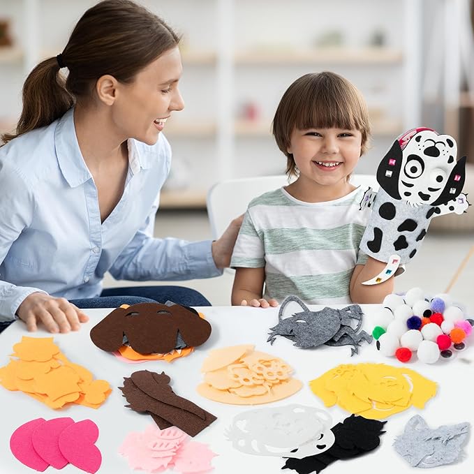 WATINC 6Pcs Hand Puppet Making Kit, Art Craft Felt Sock Puppet Toys, Creative DIY Make Your Own Pompoms Wiggle Googly Eyes Storytelling Role Play Party Supplies Gift for Girls Boys (Dog A)