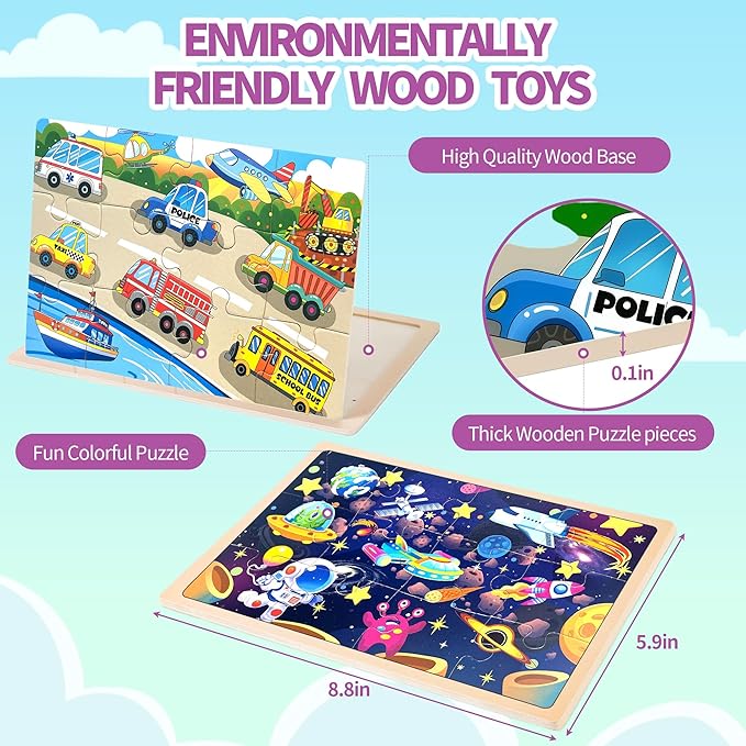 Wooden Puzzles for Toddler Ages 3+, 12 Piece Vehicle Farm Space Ocean Jigsaw Puzzles for Kids 4 Packs, Preschool Toddlers Learning Activity Puzzles Toys for Boys Girls 3 4 5 6 Years Old