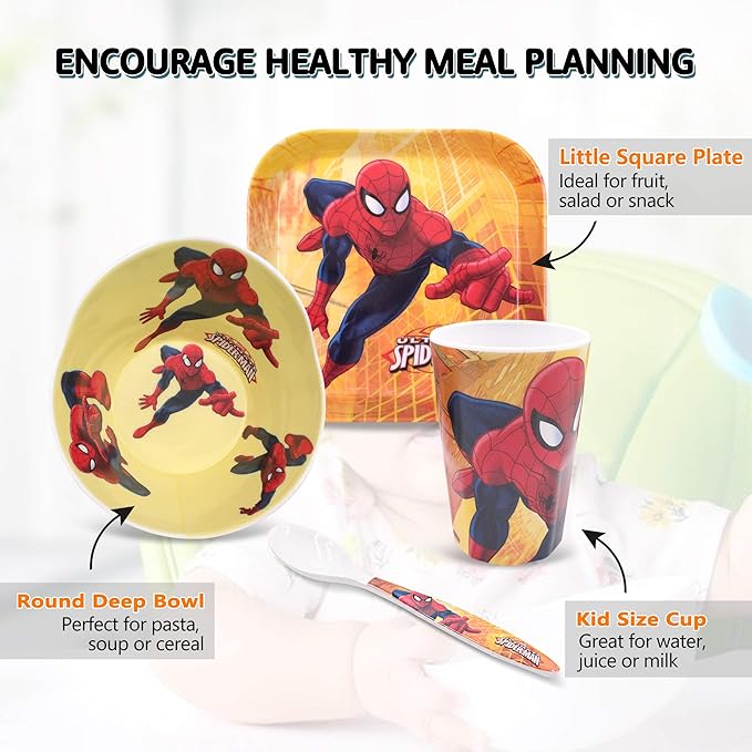 4 Pcs Set Cartoon Durable Tableware Meal Dishes Mealtime Food Feeding Eating Set includes Dinner Serving Bowl Plate Cup with a Matching Spoon and Fork