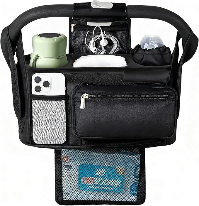 Universal Stroller Organizer with Insulated Cup Holder Detachable Phone Bag & Shoulder Strap, Bag Caddy Fits for Stroller like Uppababy, Baby Jogger, Britax, BOB, Umbrella & Pet Stroller