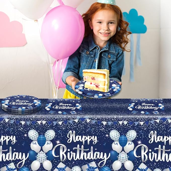 Navy Blue and Sliver Birthday Decorations Happy Birthday Party Tableware Set Happy Birthday Tablecloths and Plates Napkins Party Dinnerware for Men Women Kids Birthday Party Supplies