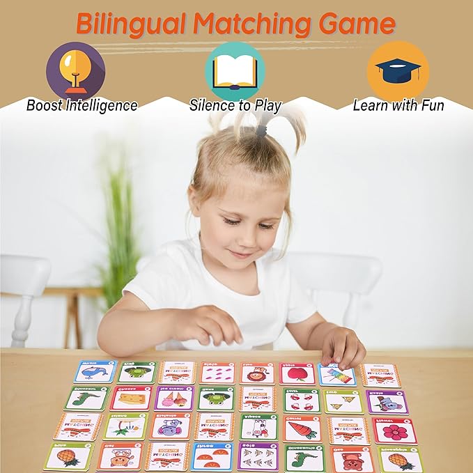 72 (36 Pairs) Spanish English Bilingual Alphabet Numbers Memory Matching Game Language Learning Games for ESL and Language Immersion for Teens.
