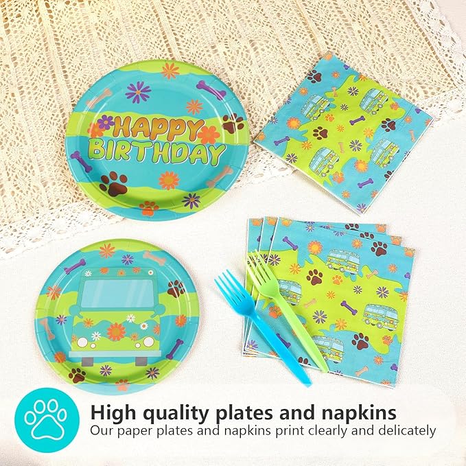 Grencian 96Pcs Mysterious Dog Birthday Party Supplies Blue Green Dog Plates and Napkins Carton Dogs Paw Tableware Set for Kids Birthday Baby Shower Party Supplies