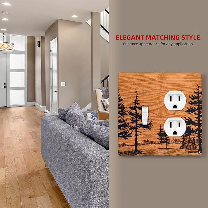 Pine Forest Natural Scenery Silhouette Wood Grain Wallplates 1 Toggle 1 Duplex Switch Plate Electrical GFCI Faceplate Decorative Light Switch Covers for Farmhouse Home Decor