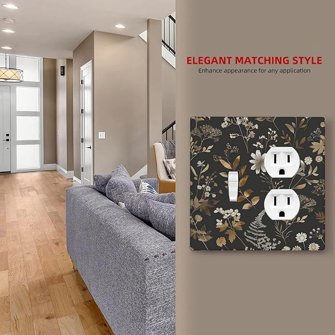 Wallplates Black Gold Floral Dark Leaves Vintage Flowers 1 Toggle 1 Duplex Switch Plate Electrical GFCI Faceplate Decorative Light Switch Covers for Bed Room Home Decor
