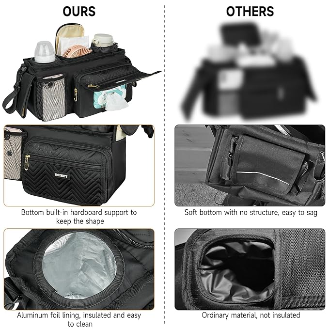 Universal Stroller Organizer with Insulated Cup Holders,Large Capacity Non-Slip Stroller Caddy Bag Fits for Uppababy/Doona/Jogger/Britax/Mompush/BoB with Anti-Sag Hard Bottom and Wet Wipes Pocket
