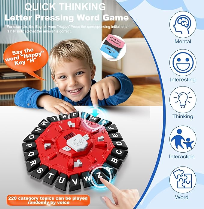Word Game Family Board Games for Kids & Adults with 2 Modes,220 Topic Categories 24 Letters Pressing Games,Fun Fast-Paced Learning Game,35 Cards,LCD Display Timer,Christmas & Birthday Gifts,Red