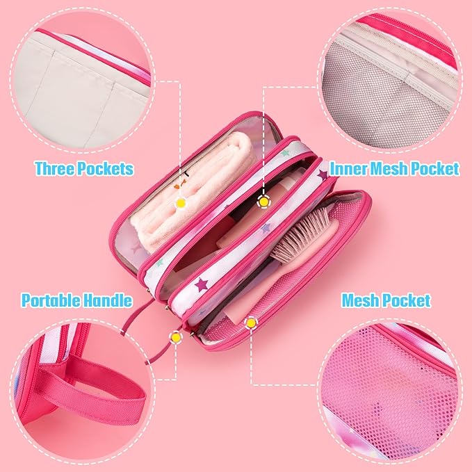 Toiletry Bag for Girls - Kids Toiletry Bag Christmas Birthday Gift Camping Travel Toiletry Case Toiletries Makeup Cosmetic Pouch Pink Water-resistant Wash Bag Dopp Kit with Mesh Pocket