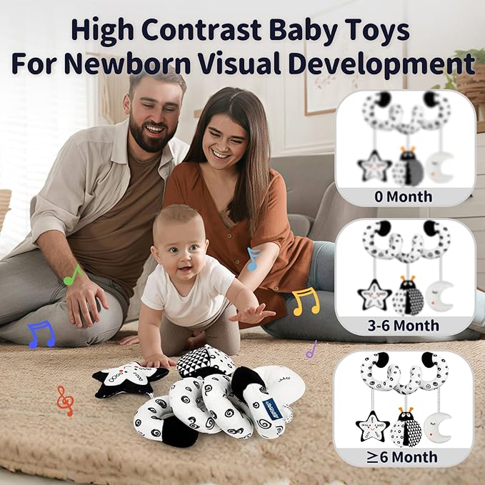 TSYAN Car Seat Toys for Babies 0-6 Months,Hanging Rattle Toys for Crib Mobile, Baby Spiral Hanging Stroller Black and White High Contrast Toys for Newborn 0 3 6 9 12 Months Baby Boys Girls (Bug)