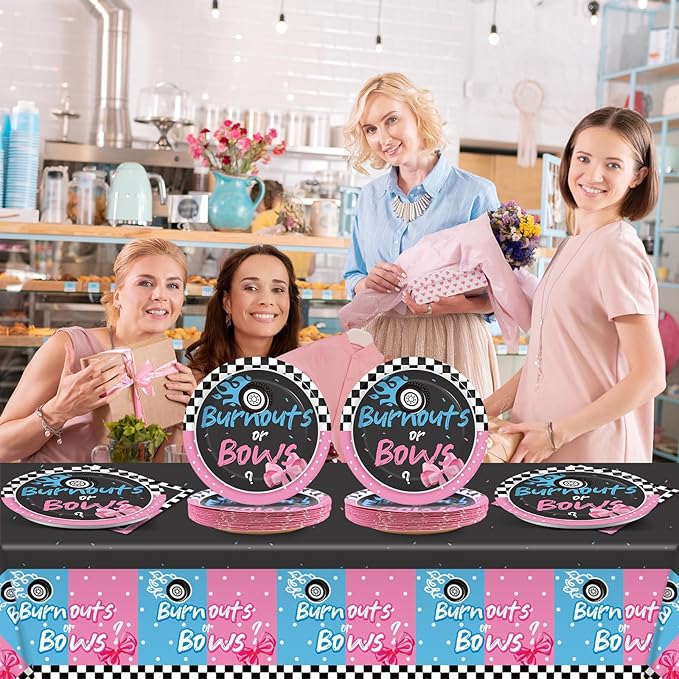 Qyeahkj Burnouts or Bows Gender Reveal Party Supplies Serves 24 Baby Boy or Girl Party Paper Plates Napkins Gender Reveal Tablecloth Set Tableware Kit for Baby Shower