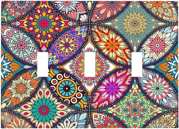 Boho Floral Pretty Colorful Mandala Flowers Decorative Switch Plates 3 Gang Wall Plate Triple Toggle Light Switch Cover Faceplate Electrical Wall Panels for Bedroom Living Room Decor