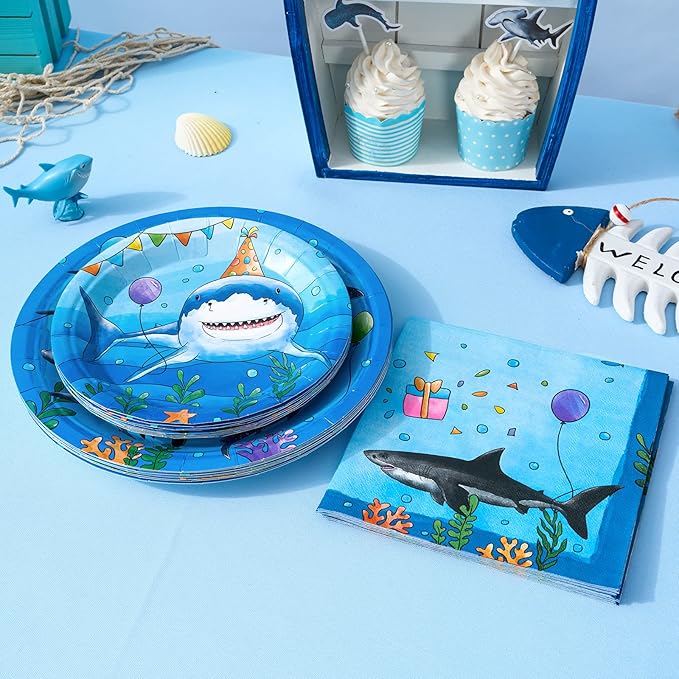 WERNNSAI Shark Birthday Decorations - 48PCS Shark Party Plates and Napkins Under The Sea Birthday Supplies Blue Ocean Plates Tableware for Kids Boys Baby Shower Summer Pool Party Decor Serves 16 Guest