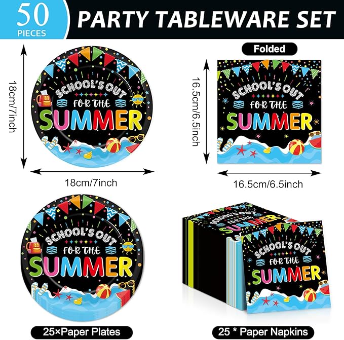 CHUNNIN 50Pcs End of School Year Paper Plates and Napkins School's Out for Summer Dessert Plates Summer Theme Party Decorations Tropical Pool Tableware Set Serves 25 Guest Beach Party Supplies