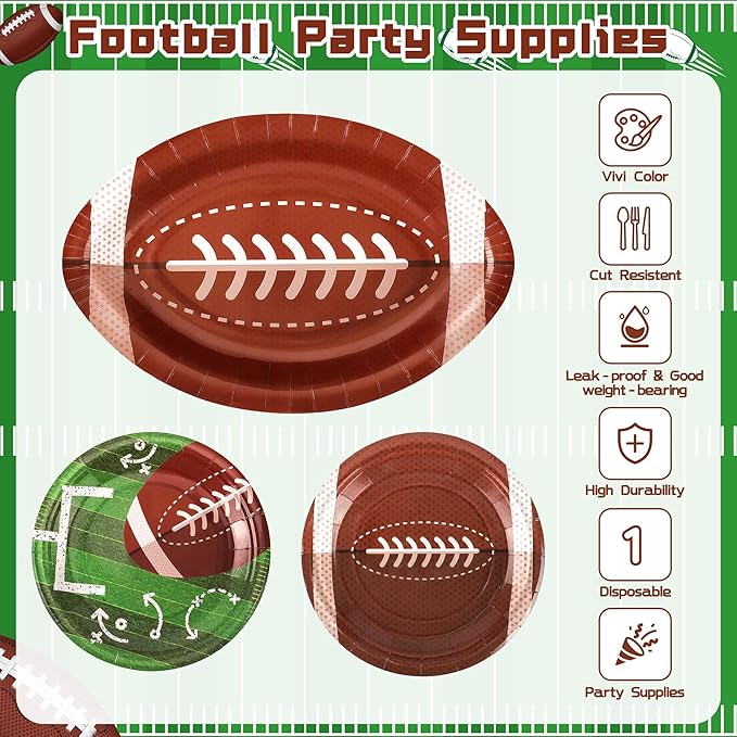 72PCS Football Party Plates and Napkins, 11.8in Football Shaped Disposable Paper Plates, Football Theme Party Supplies, Sports Game Birthday Party Decorations, Touchdown Party Decoration