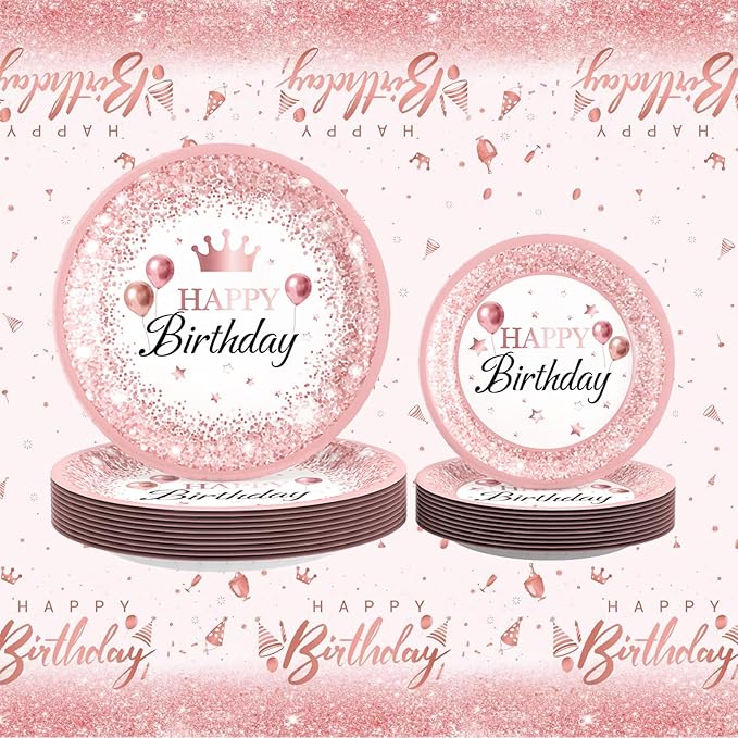 212Pcs Pink Birthday Decorations Disposable Dinnerware Sets,Birthday Party Supplies Plates Napkins Set Baby Shower Birthdays Party Plate Pink Set With Banners Cups Forks knives Spoons Serve 24