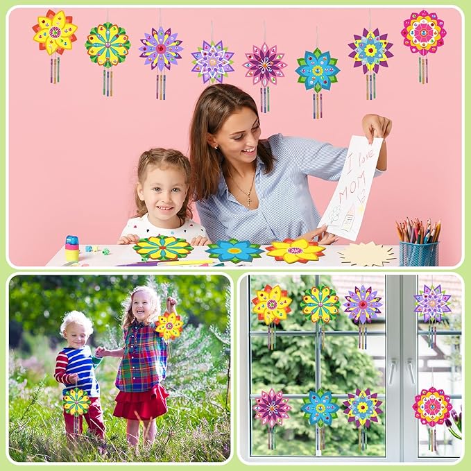 gisgfim 16 Pack Diwali Lotus Flower Wind Chime Crafts Kits for Kids Make Your Own Mandala Wind Chime Wooden DIY Arts and Crafts Decoration for Diwali Party School Classroom Supplies Favors