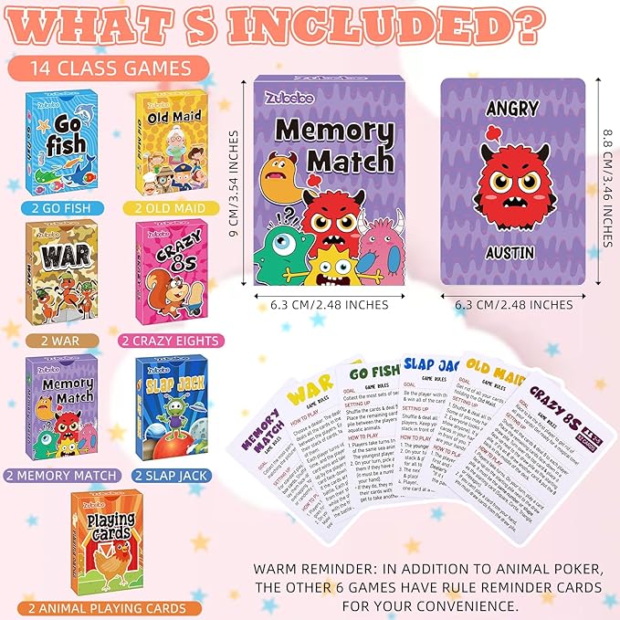 Zubebe 14 Pack Kids Card Games Gifts Bulk Classic Playing Card Game Set for Kids Includes Go Fish, Old Maid, Crazy Eights, Memory Match, Slap Jack, Playing Toy for Party Favors (Vivid)