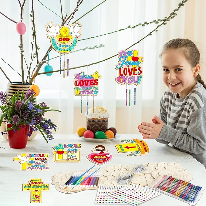 16 Pack Easter Jesus Loves Me Crafts for Kids Wooden Religious Wind Chime Crafts Kits Make Your Own Christian Crafts Wooden DIY Arts for Party School Classroom Decorations Supplies Birthday Favors