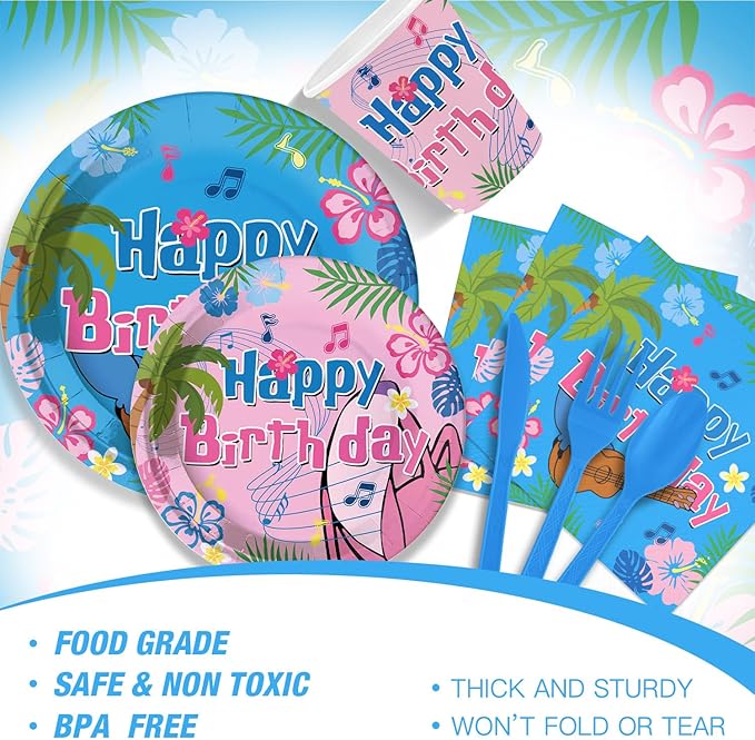 Cute Blue-Pink Cartoon Themed Party Supplies for kids Birthday Party Decorations Disposable Tableware Set With Plates,Cups, Napkins,Knives,Forks,Spoons,Perfect for 24 Guests