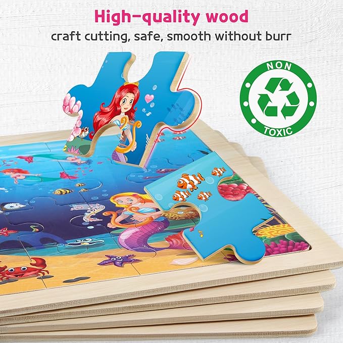 SYNARRY Large Unicorn Mermaid Princess Fairy Wooden Kids Puzzles 4 in 1 Gift Box(12.2 * 9.4 in), Wood Puzzles for Kids Ages 4-6, Wood Puzzles for Kids Ages 3-5, Easter Basket Stuffers Gifts for Kids