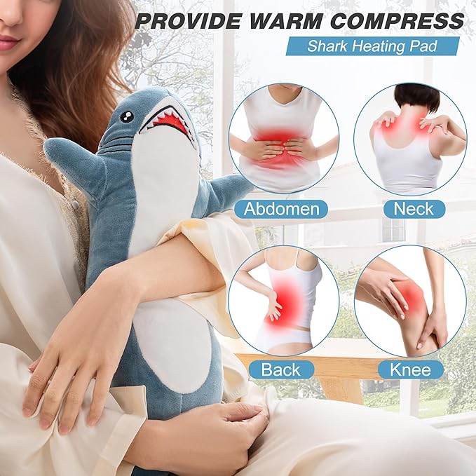 Shark Heating Pad for Period Cramps & Menstrual Pain Relief, Cute Heated Stuffed Animal Heating Pad Plush, Portable USB Heated Toy with Auto Shut Off for Women & Girls, Gift for Mom