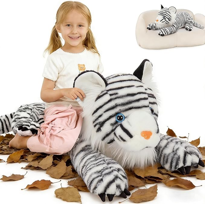 MaoGoLan Giant White Tiger Stuffed Animal - 47” Realistic Tiger Plush Toy for Boy Girl Kid, Soft Fluffy Zoo Animal Toy Pillow for Valentines Birthday Gift, Baby Shower Party Favor Decor