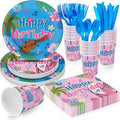 Cute Blue-Pink Cartoon Themed Party Supplies for kids Birthday Party Decorations Disposable Tableware Set With Plates,Cups, Napkins,Knives,Forks,Spoons,Perfect for 24 Guests