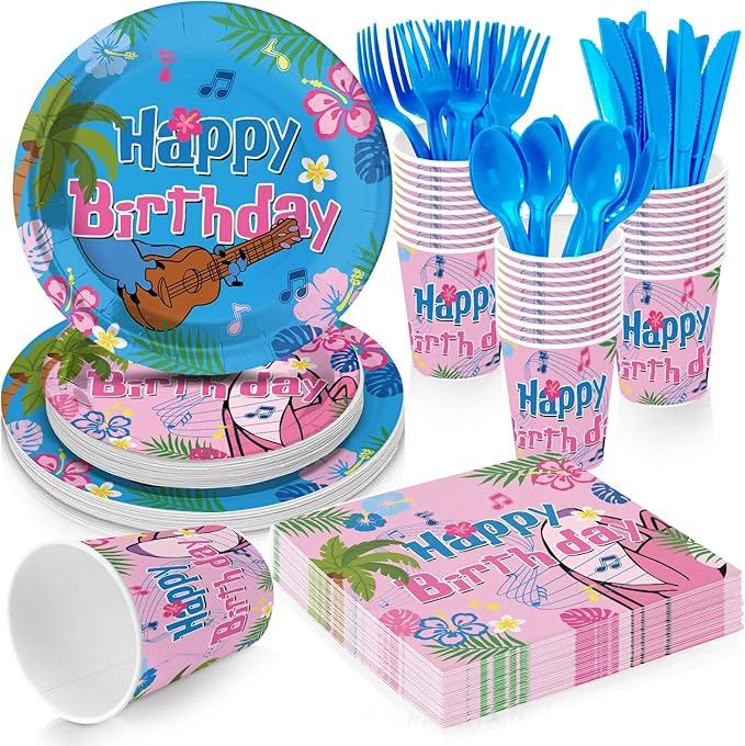 Cute Blue-Pink Cartoon Themed Party Supplies for kids Birthday Party Decorations Disposable Tableware Set With Plates,Cups, Napkins,Knives,Forks,Spoons,Perfect for 24 Guests