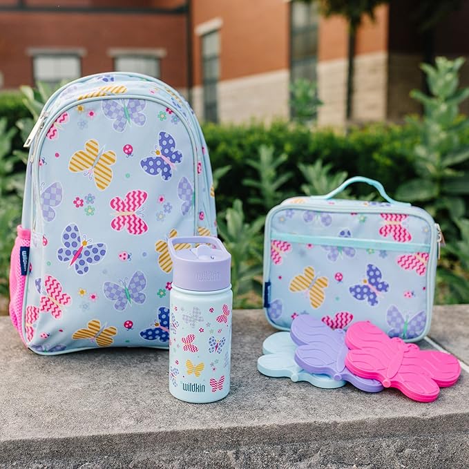 Wildkin Kids 14oz Stainless Steel Water Bottle – BPA-Free, Leakproof, Insulated, Easy-Clean - Butterfly Garden Blue