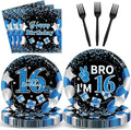Qyeahkj 100 Pcs 16th Birthday Decorations for Boys Official Teen Supplies Plate Napkin Forks Set Disposable Blue 16th Birthday Tableware Paper Plates Dinnerware for Kids Teenager Favors Serve 25
