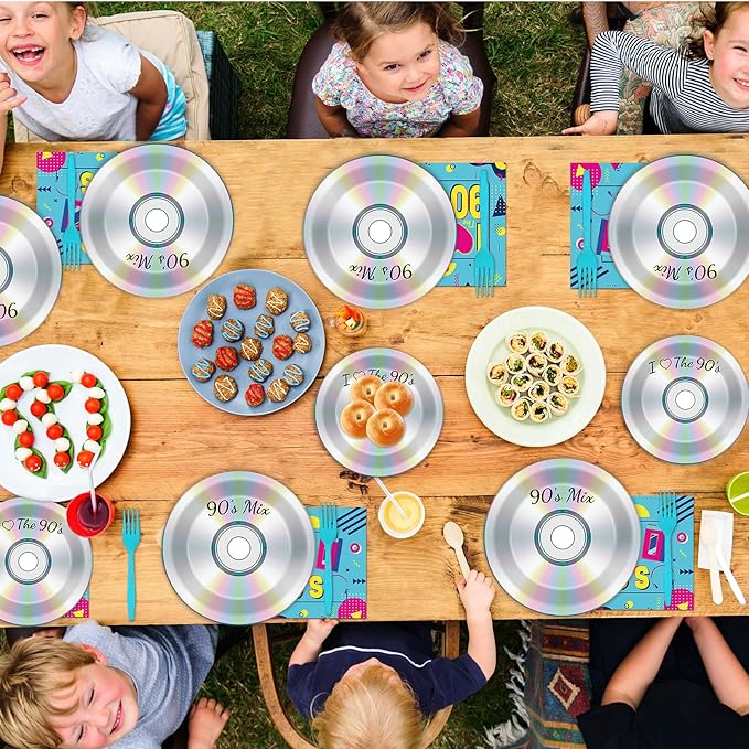 96Pcs 90's Party Paper Plates and Napkins for Retro 90s Theme Birthday Party Supplies 90's Mix CD Themed Paper Dessert Plates I Love The 90s Tableware Set for Men Women 24 Guests Party Decorations