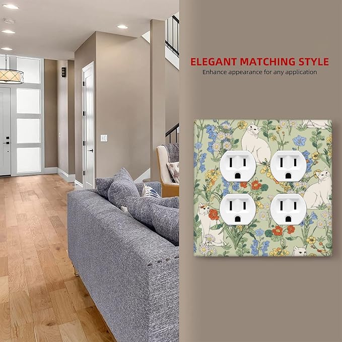 Outlet Covers Vintage Floral Cute Cat Colorful Flowers 2 Gang Double Duplex Decorative Light Switch Covers Electrical Wallplates Socket Faceplate For Bed Room Living Room Decor