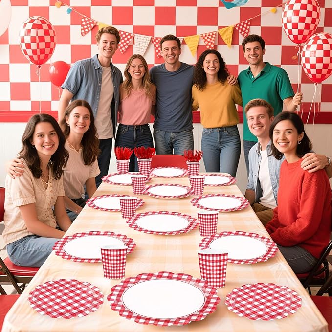 168 Pcs Red Gingham Checkered Party Supplies Scalloped Red and White Checkered Plates Napkins Cups Forks Tableware Sets for Birthday Wedding Picnic BBQ Bridal Baby Shower Supplies Serves 24