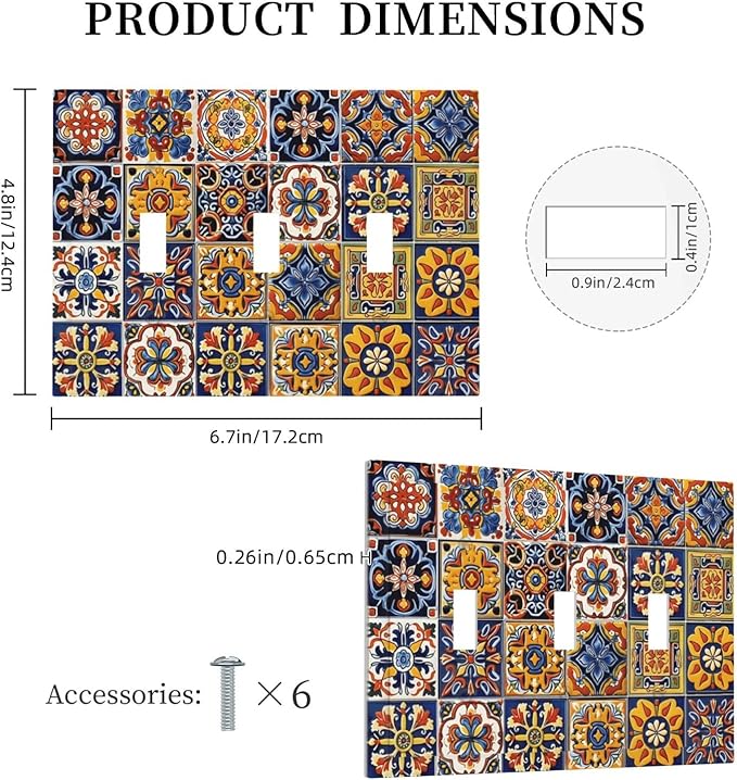 Mexican Talavera Tiles Flower Vintage Decorative Switch Plates 3 Gang Wall Plate Triple Toggle Light Switch Cover Faceplate Electrical Wall Panels for Kitchen Bathroom Decor